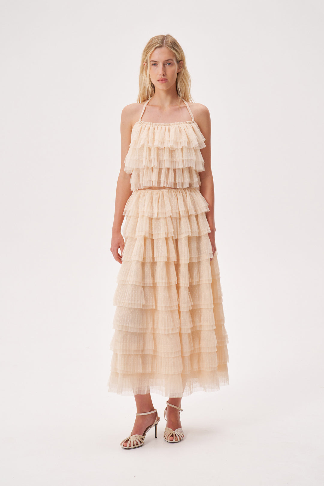 Топ с воланами из мягкой сетки гофре в горошек