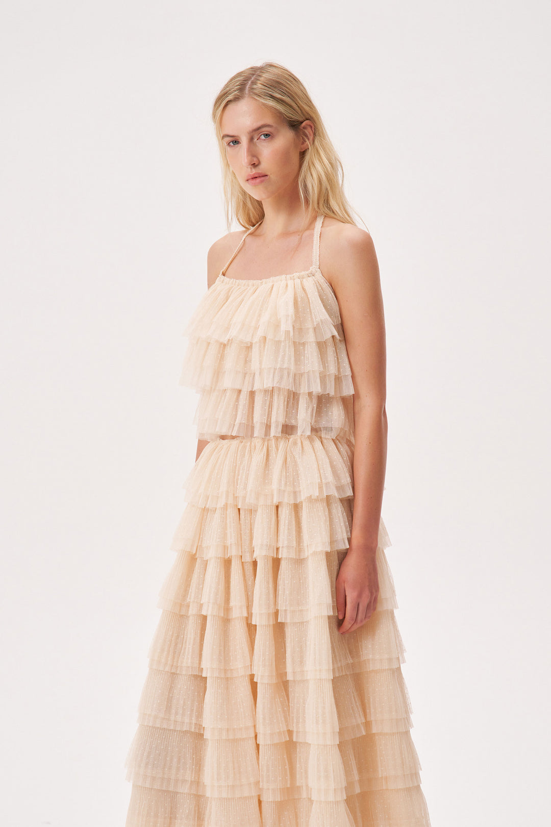 Топ с воланами из мягкой сетки гофре в горошек