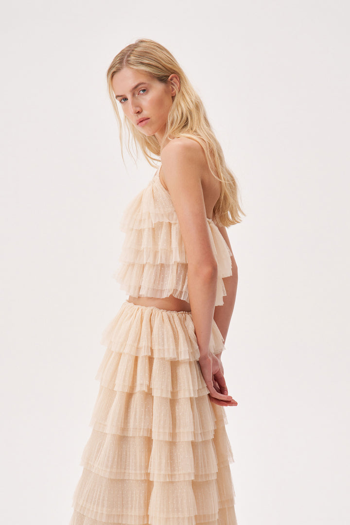 Топ с воланами из мягкой сетки гофре в горошек