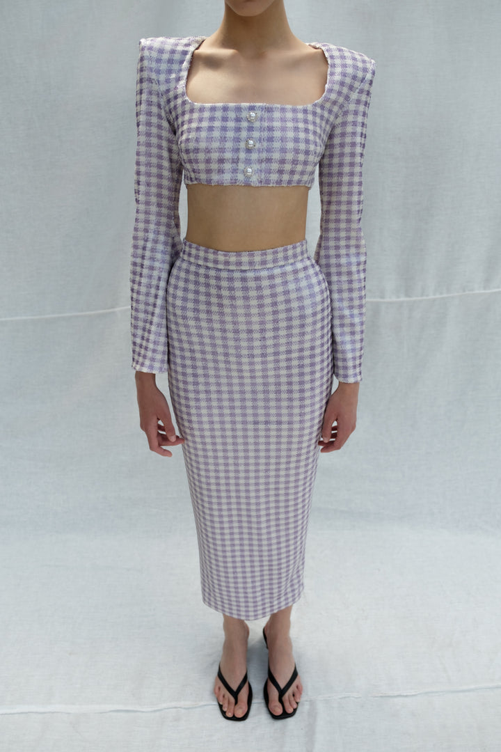 Топ в клетку из ткани с пайетками