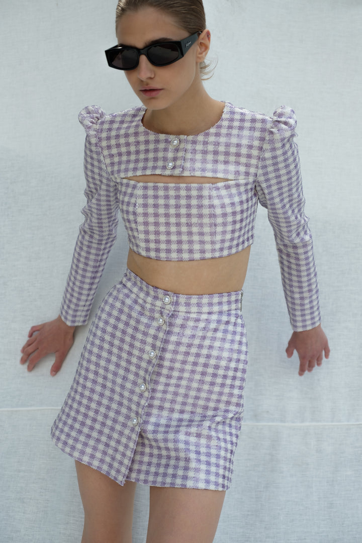 Мини юбка в клетку из ткани с пайетками