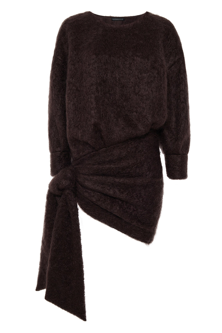Платье-мини из мохера с драпировкой и декоративным узлом
