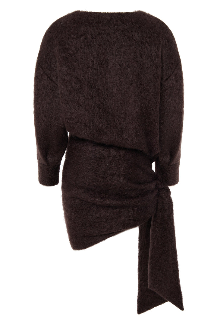 Платье-мини из мохера с драпировкой и декоративным узлом