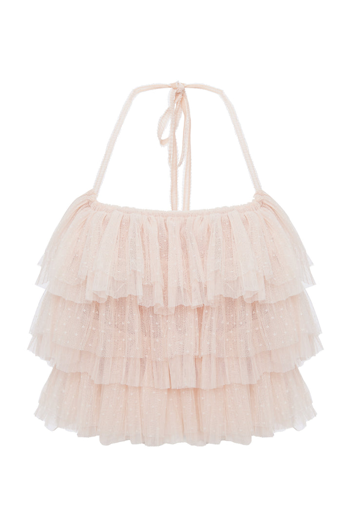 Топ с воланами из мягкой сетки гофре в горошек