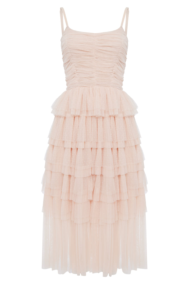 Платье с воланами из мягкой сетки гофре в горошек