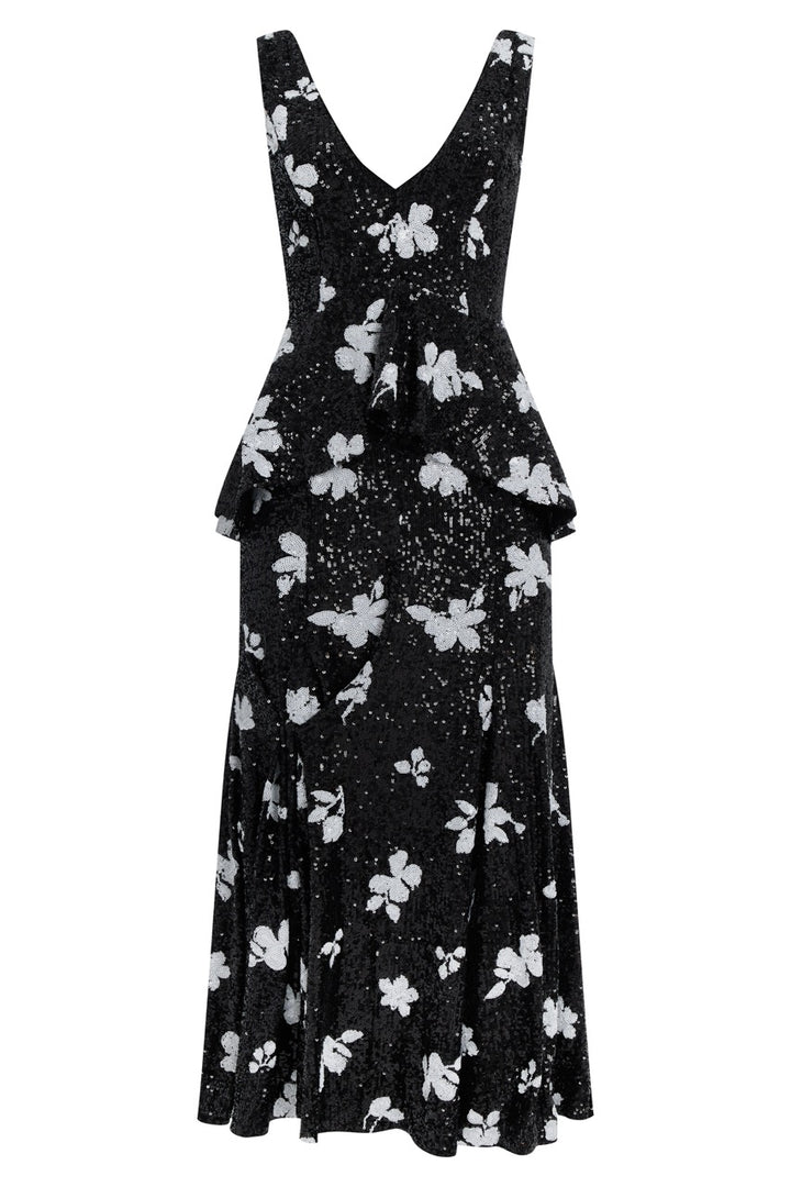 Платье с пайетками и воланом на талии