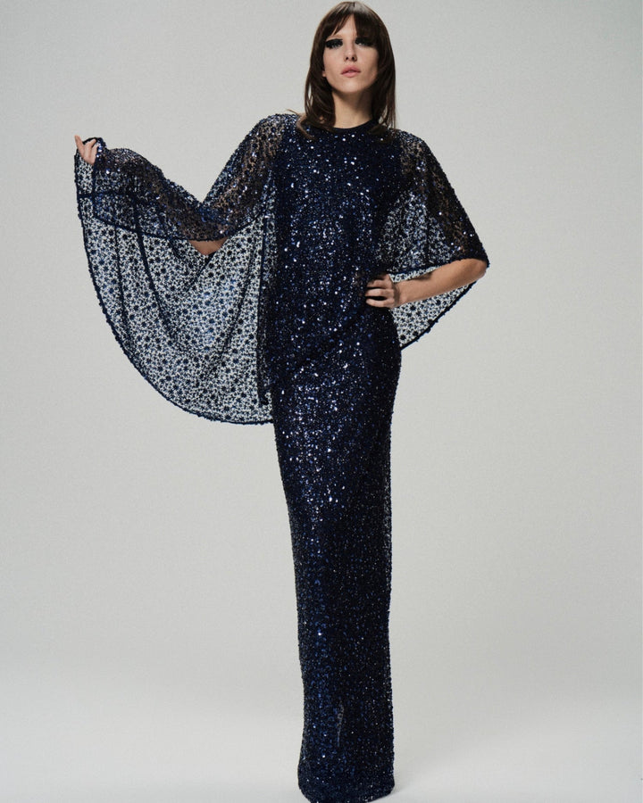 Юбка в пол из ткани, расшитой бисером и пайетками