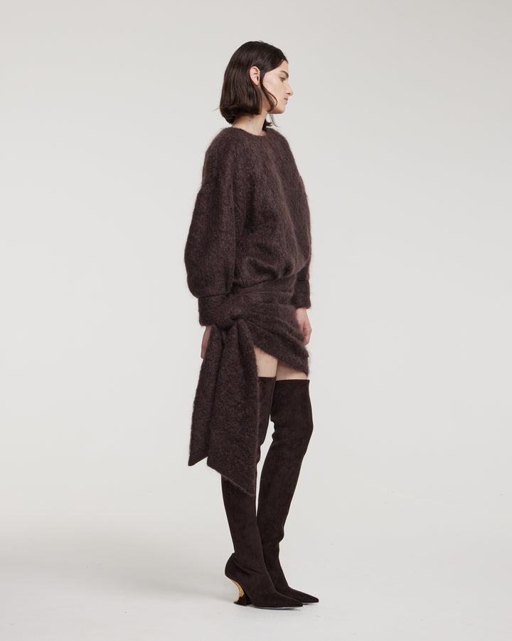 Платье-мини из мохера с драпировкой и декоративным узлом