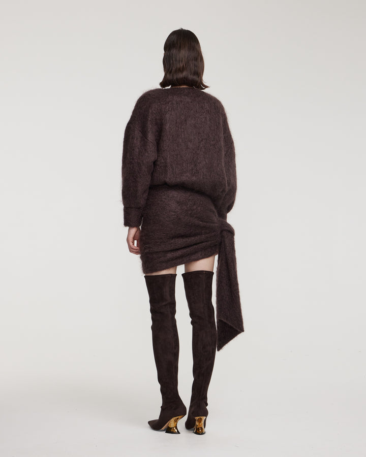 Платье-мини из мохера с драпировкой и декоративным узлом