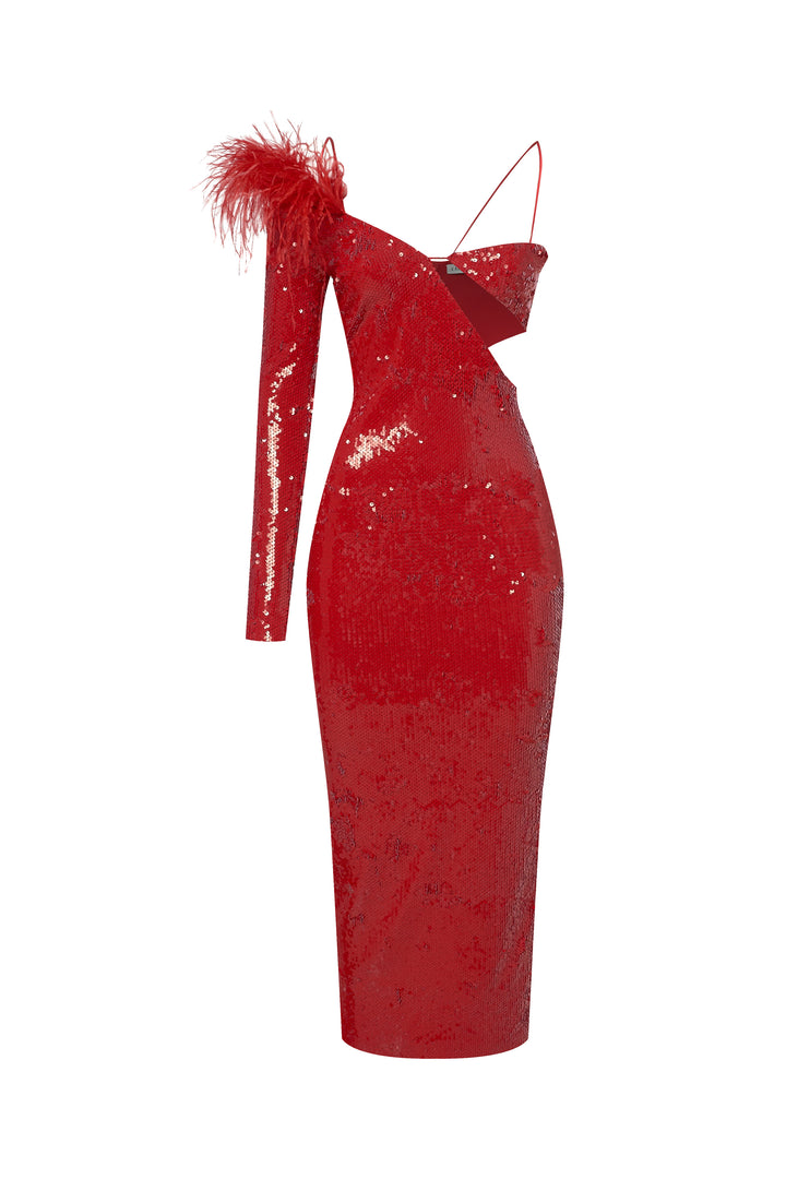 Платье из ткани с пайетками, украшенное перьями страуса