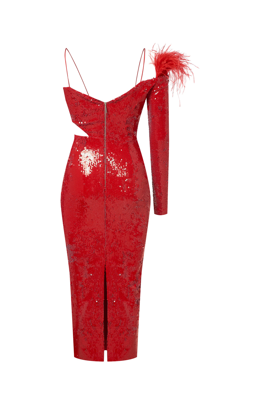 Платье из ткани с пайетками, украшенное перьями страуса