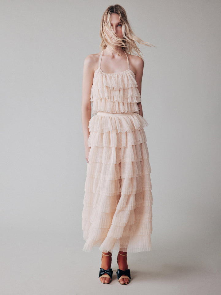 Топ с воланами из мягкой сетки гофре в горошек