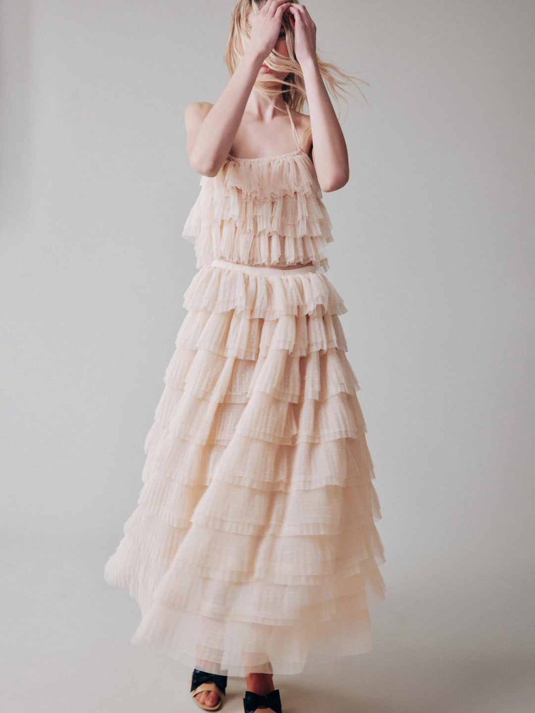 Юбка с воланами из мягкой сетки гофре в горошек