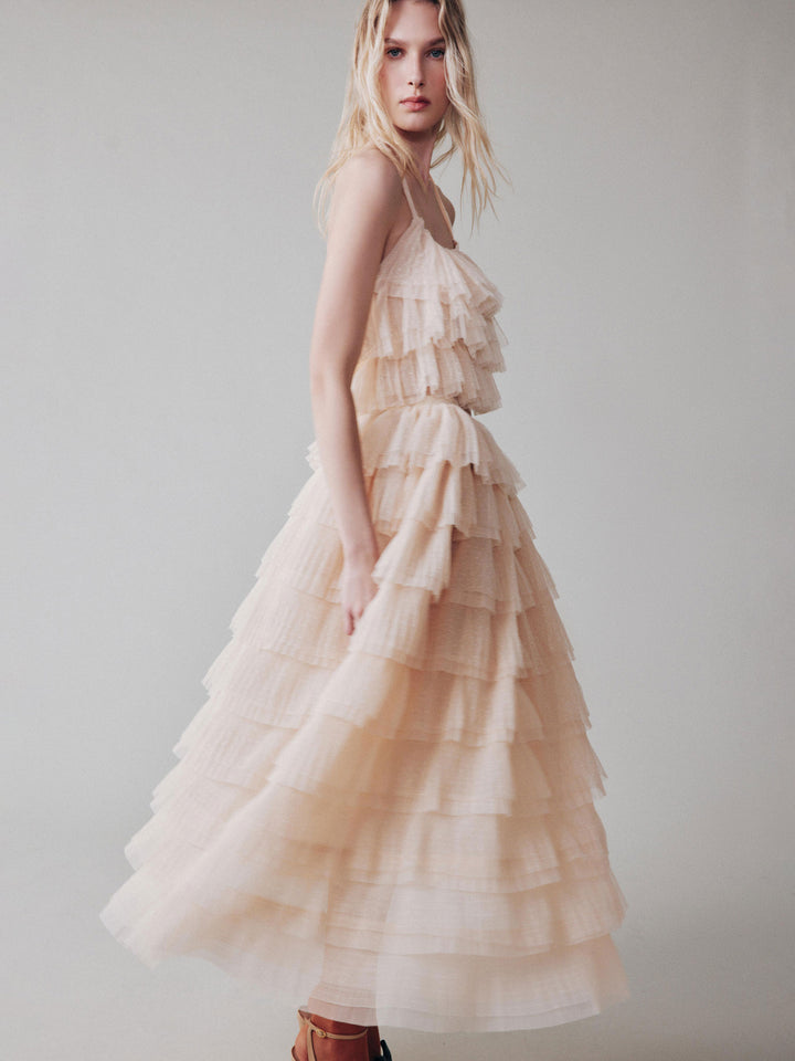 Топ с воланами из мягкой сетки гофре в горошек