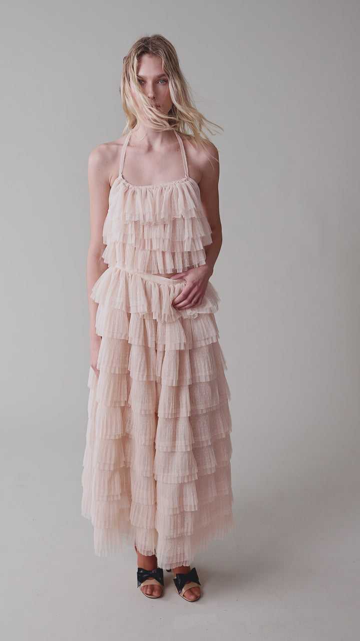 Топ с воланами из мягкой сетки гофре в горошек