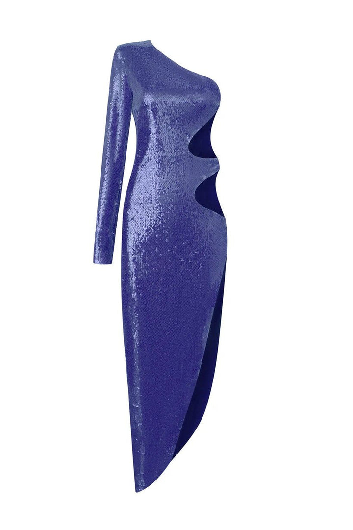 Платье из ткани с пайетками с одним рукавом